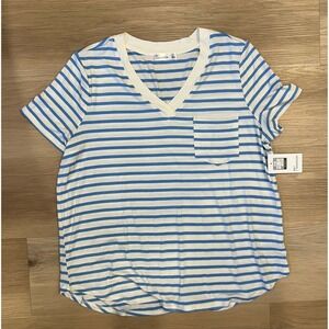 89th & Madison Blue/White Stripe V-Neck Pocket Tee Nautical Beach Casual Sz M